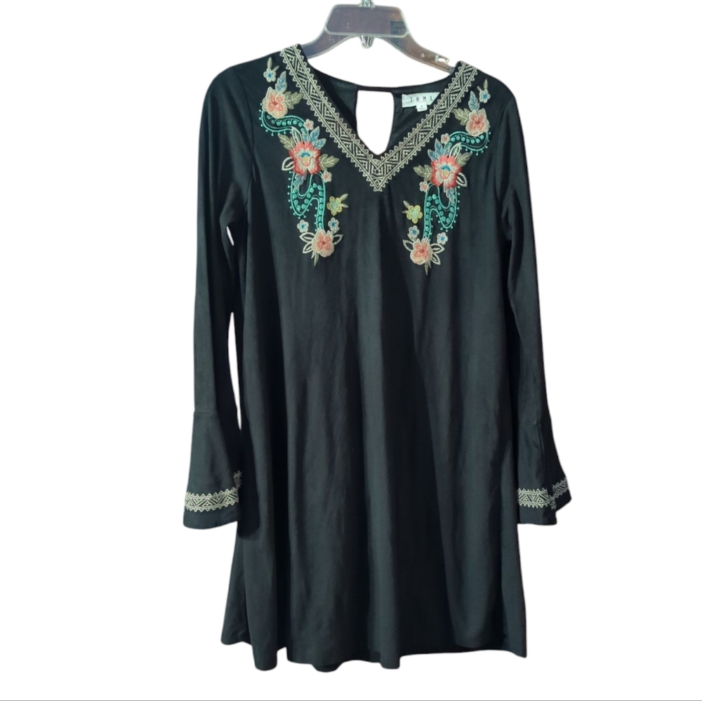 THML Women's Dress Faux Suede Floral Embroidery Boho Bohemian Hippie 70s Small